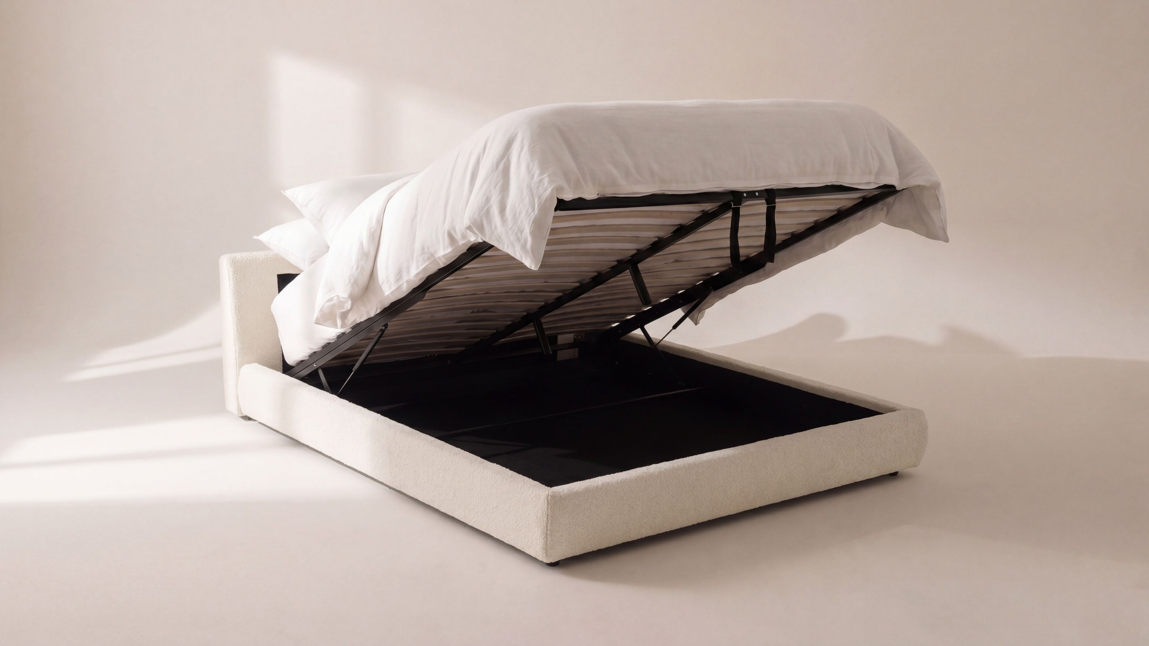 Cloud Bed with Storage, King, Cream Boucle