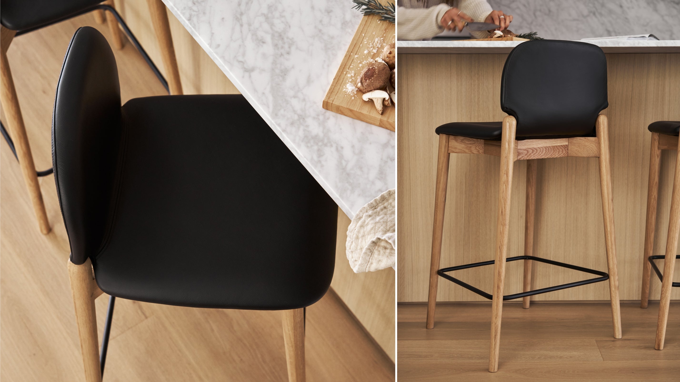 Dine In Counter Stool, Oak/Black Leather