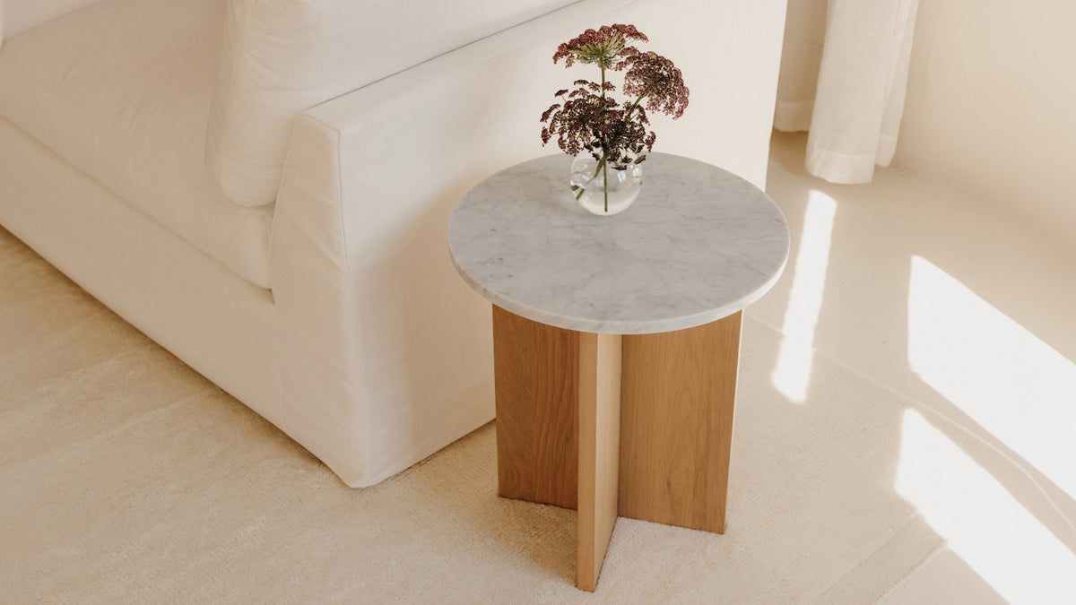 Harbour Side Table, Walnut/Carrara Marble